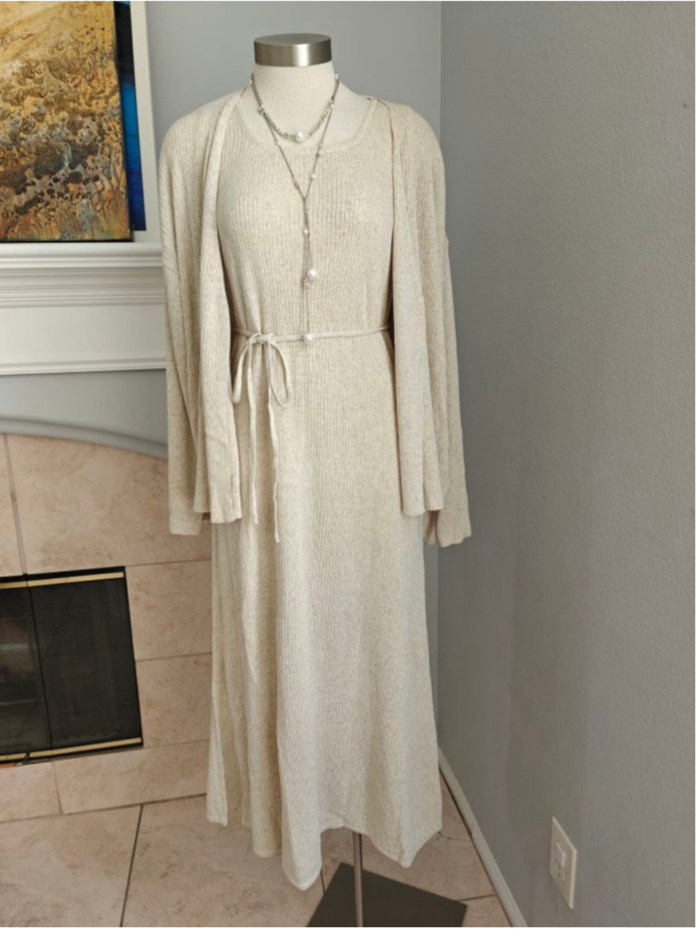 Oatmeal Ribbed Knit 3-Piece Set | Sleeveless Midi Dress + Cardigan + Waist Tie
